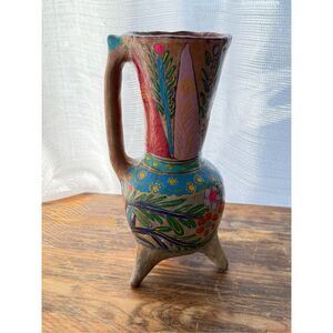 VTG Mexican Clay Hand Painted Pottery Folkart Tripod Ewer Vase Multicolor Medium